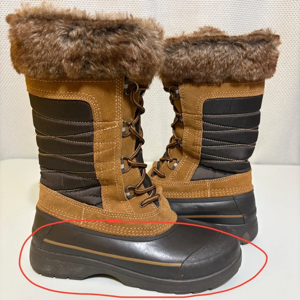 Lands End Womens Snow Duck Boots 7.5 Brown Insulated Faux Fur Winter Gorpcore